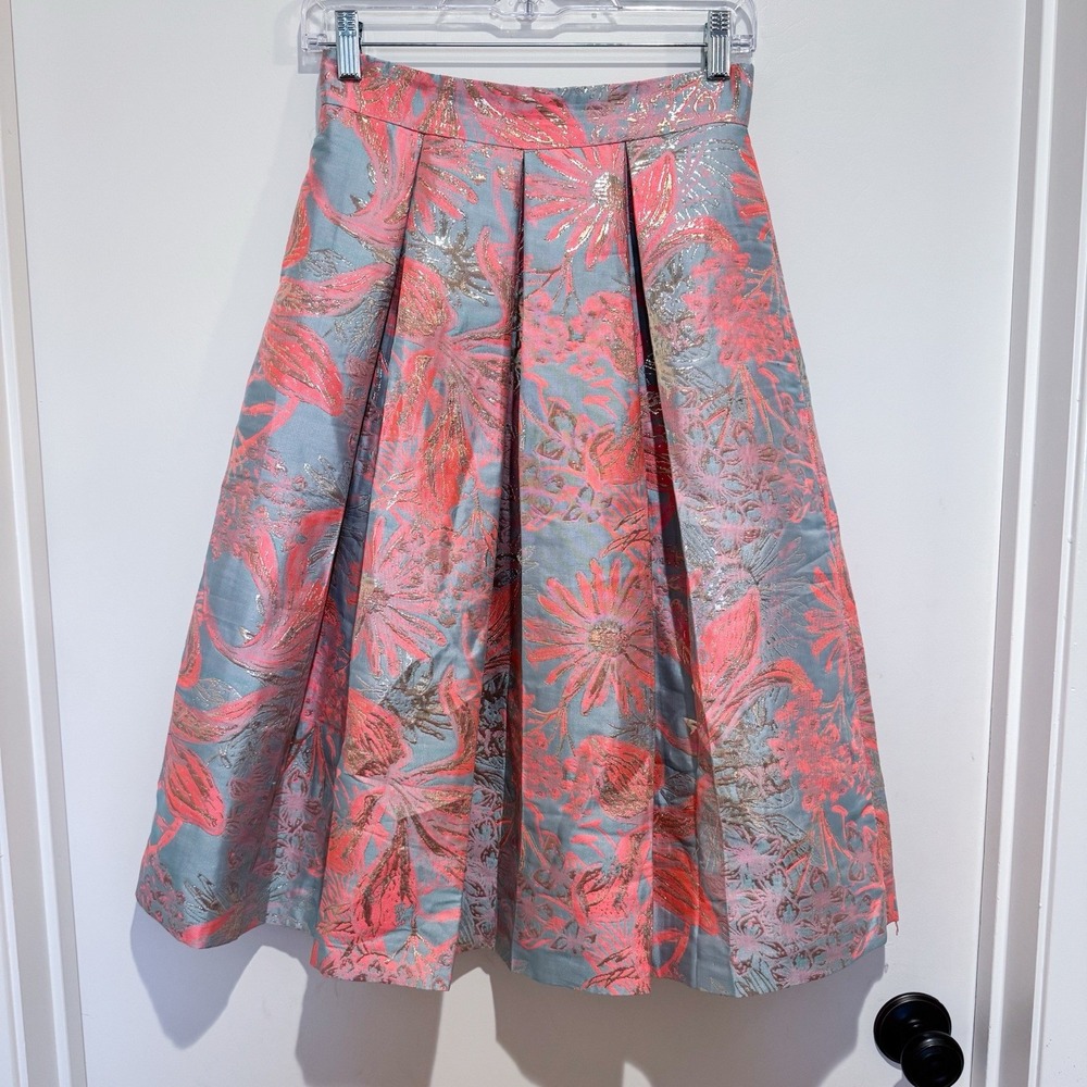 Gianni Bini A Line Skirt Botanical Women's 2 Small Coral‎ Gold Metallic Stacey